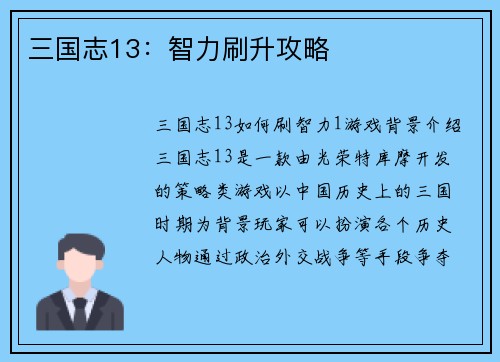 三国志13：智力刷升攻略